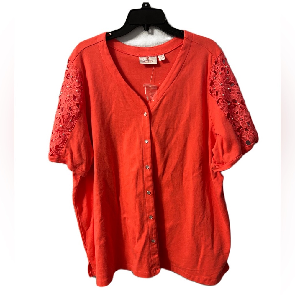 Quacker Factory Top Womens 3X Lace Pearls Snap Front V Neck Coral NWOT